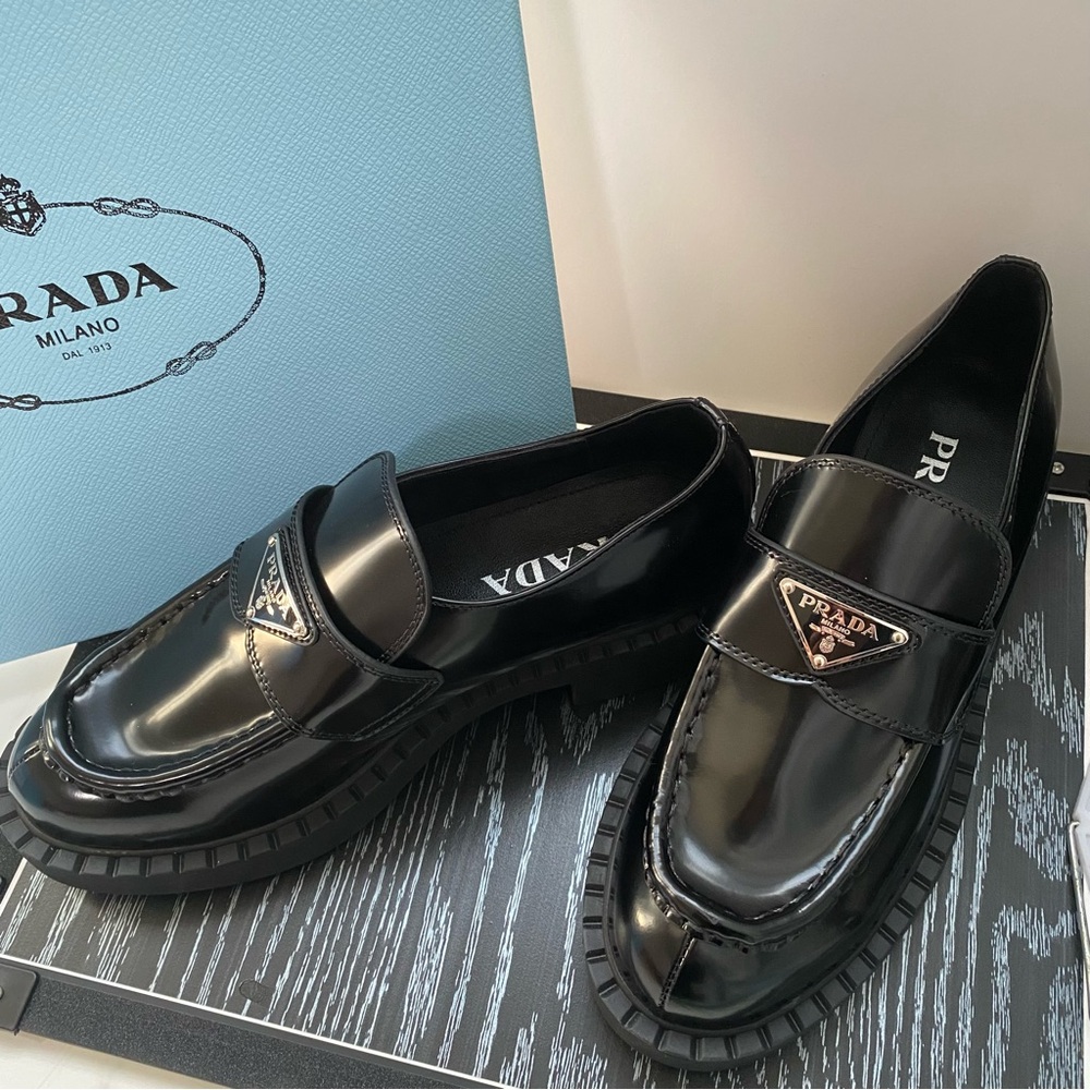 Prada Black Patent Leather Women's Lug Sole Loafers with Logo Plaque